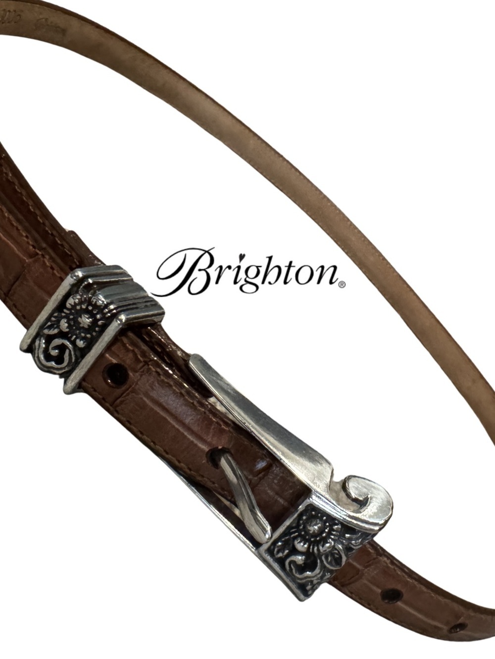 Vintage Crocodile Embossed Brown leather Skinny Belt by Brighton Large 33-36”